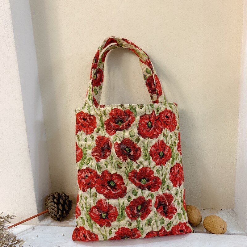 Retro Oil Painting Color Matching Tulip Jacquard Carry Lunch Bag To Work Small Cloth Hand Women's Shoulder: 3