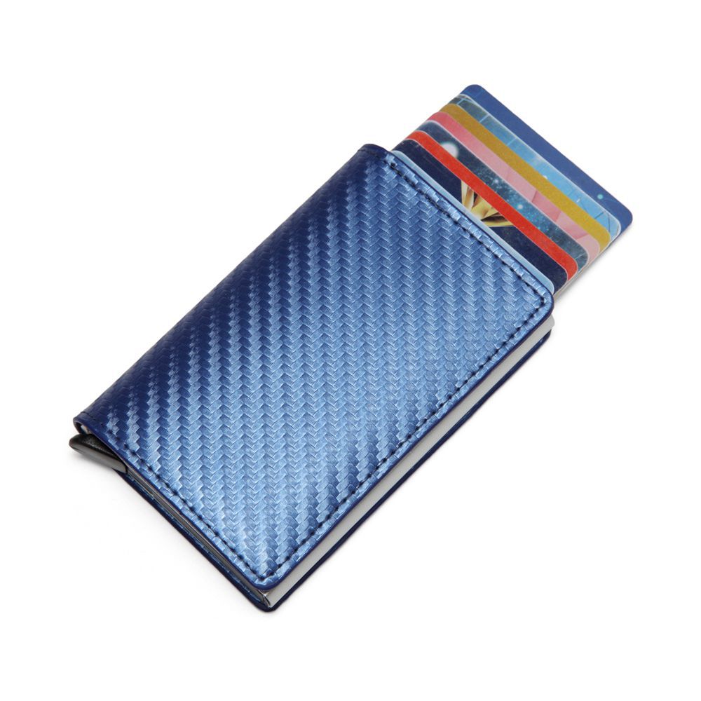 Men Automatic Credit card holder carbon fiber Leather Wallet Aluminum Mini Wallet With Back Pocket ID Card RFID Blocking purse: Blue