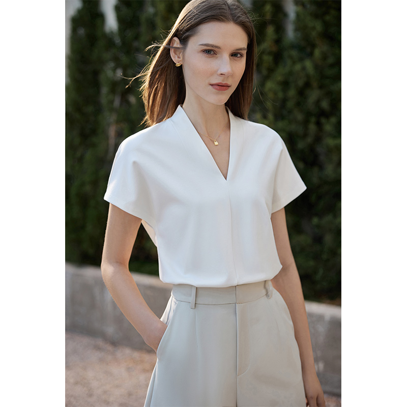 AMII Minimalisme 2023 Zomer dames T-shirt Klassieke Stijl Casual V-hals Korte Mouw Effen Stretch Vrouwelijke Tops & Tees 12312013: S / Beige