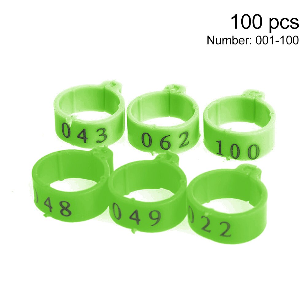 100 stk. klipsbånd mini fugle papegødu 001 til 100 nummerert fôringe gjenbrukbare fjærfe ben ringe kyllinger ender gås 16mm: Grønn