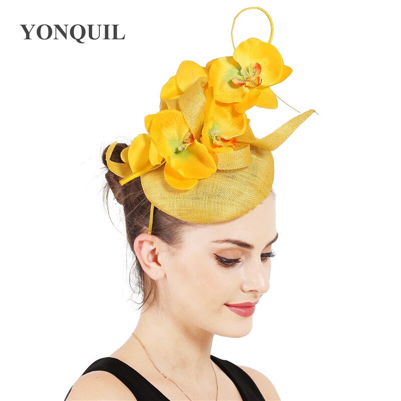 4-Layer sinamay wedding party headpiece with flowers bride wedding headwear women occasion banquet lady fascinators hat: Yellow