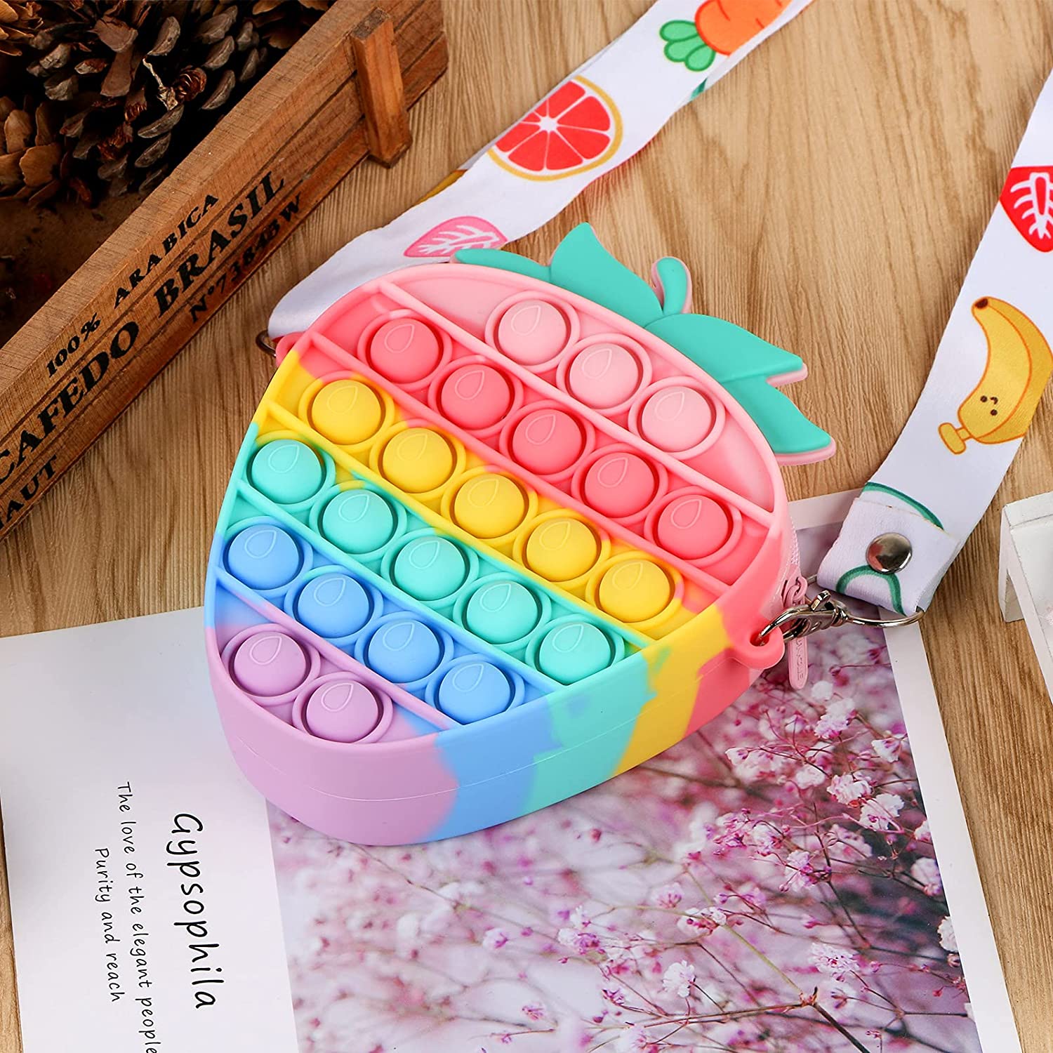 Rainbow Strawberry Pop Fidget Bag Toy Silicone Pop Bubble Sensory Fidget Toy Push Bubbles Toys Kawaii Strawberry Bags SYMOMOK