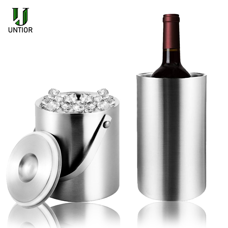 UNTIOR Stainless Steel Bar Ice Bucket Two Handles Champagne Bucket Wine Bucket Spit Wine Barrel Container Ktv Club Bar Supplies