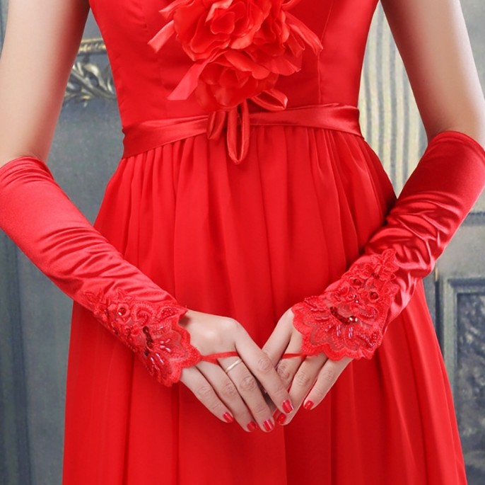 Guantes Blancos sin dedos para mujer, accesorio de encaje con abalorios, satén, para de graduación y boda, 1 par