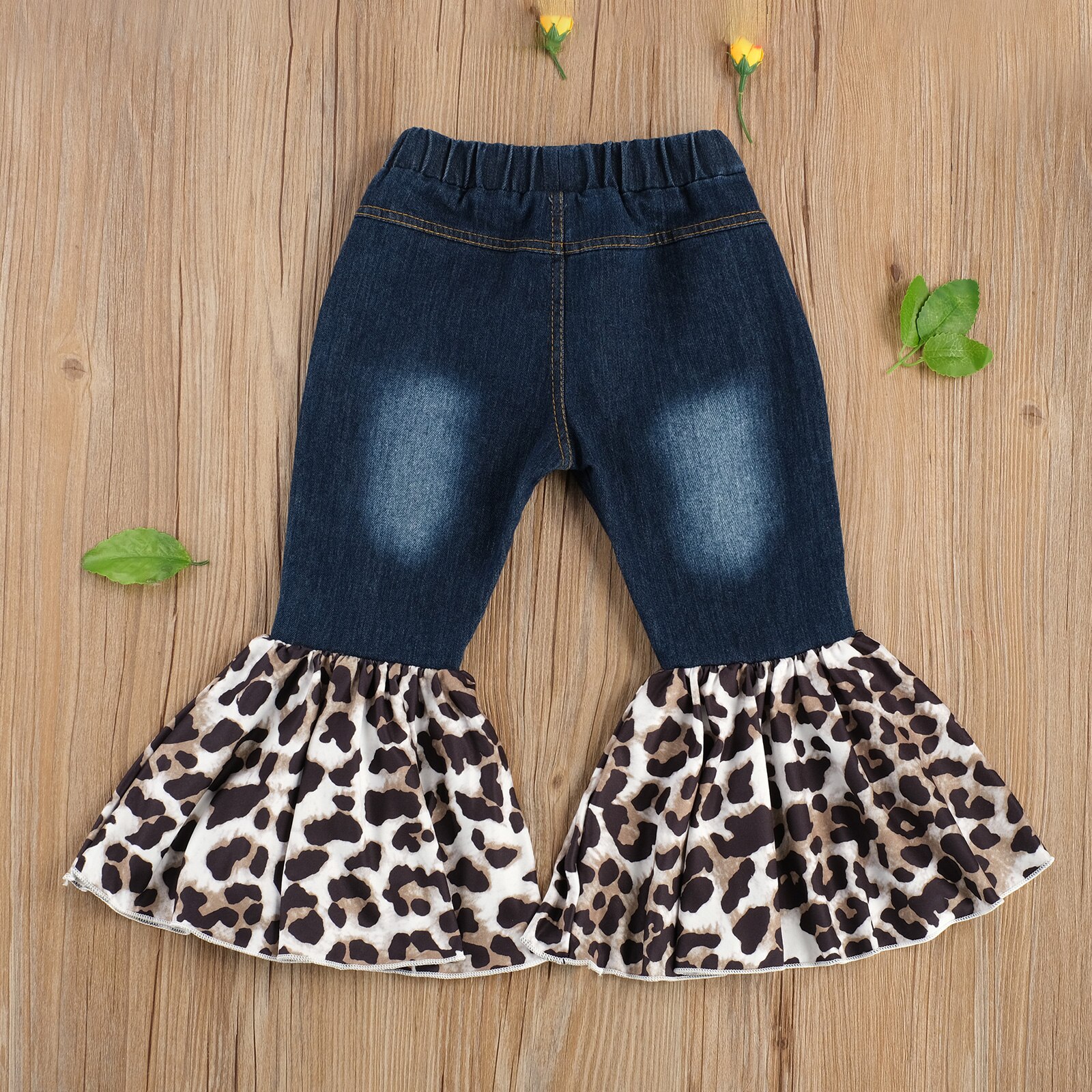 Emmababy Autumn 2-7Y Kids Toddler Baby Girls Leopard Print Flared Jeans Pockets Pants Denim Boot Cut Long Trousers