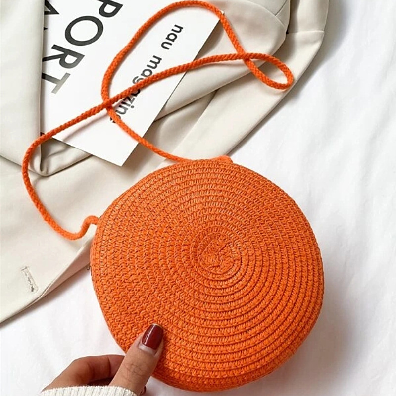 minimalistisch ische Stroh tasche Runde Crossbody-Geldbörse Frauen Schulter Berufung Stil Handtasche: Orange
