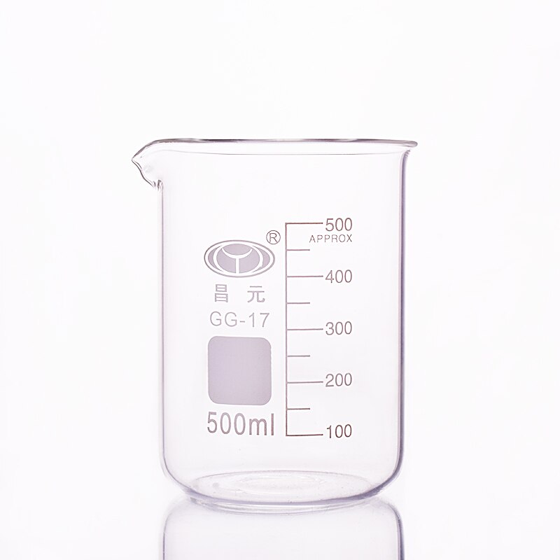 Beaker in low form,Capacity 500ml,Outer diameter=85mm,Height=120mm,Laboratory beaker