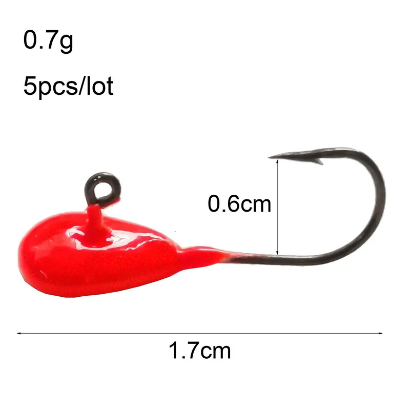 5 Pcs/Lot Mini tête de gabarit de plomb exposée 0.5g 0.7g 1.1g crochet barbelé leurre souple hameçon crochet de pêche sur glace hiver matériel de pêche: 0.7g-red
