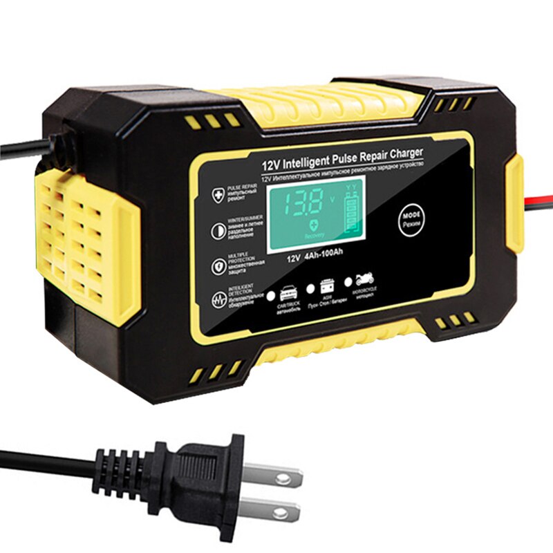 Motorcycle Car Battery Charger 12V 6A Intelligent Automatic Fast Power Charging Wet Dry Lead Acid LCD Display: Yellow US Plug