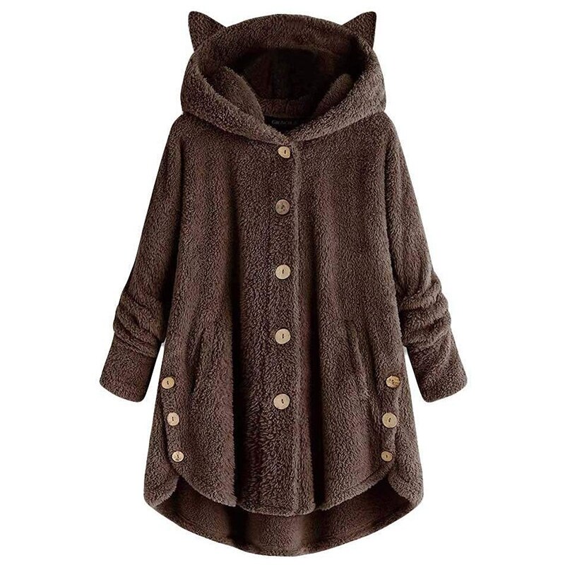 otoño chaqueta de mujer hebilla lateral mullido dobladillo Abrigo con capucha holgado cálido oído largo abrigo: D / XL