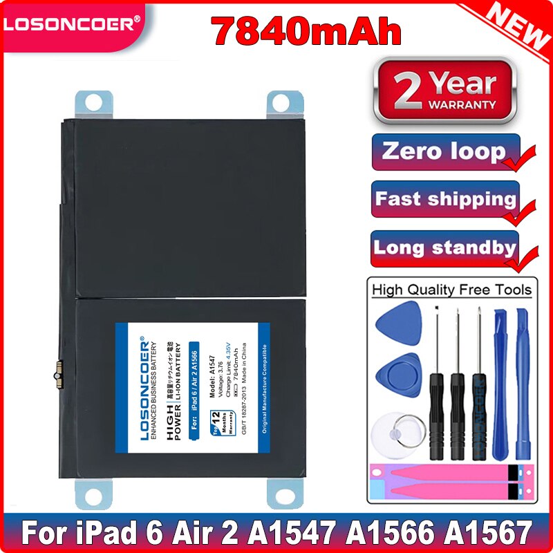 LOSONCOER – batterie Lithium polymère haute capacité pour Apple iPad 6 Air 2 A1566 A1567, 7840mAh, avec outils gratuits