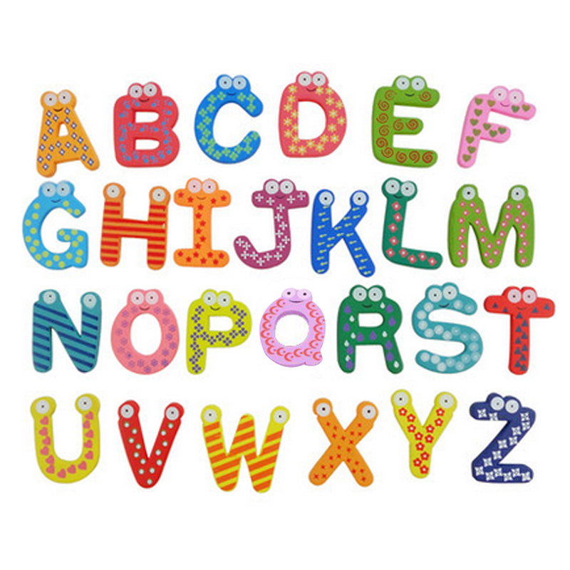 Brinquedos para bebês, 26 peças de letras, alfabeto de madeira para crianças, ímã de geladeira educacional, adesivo de geladeira lbv