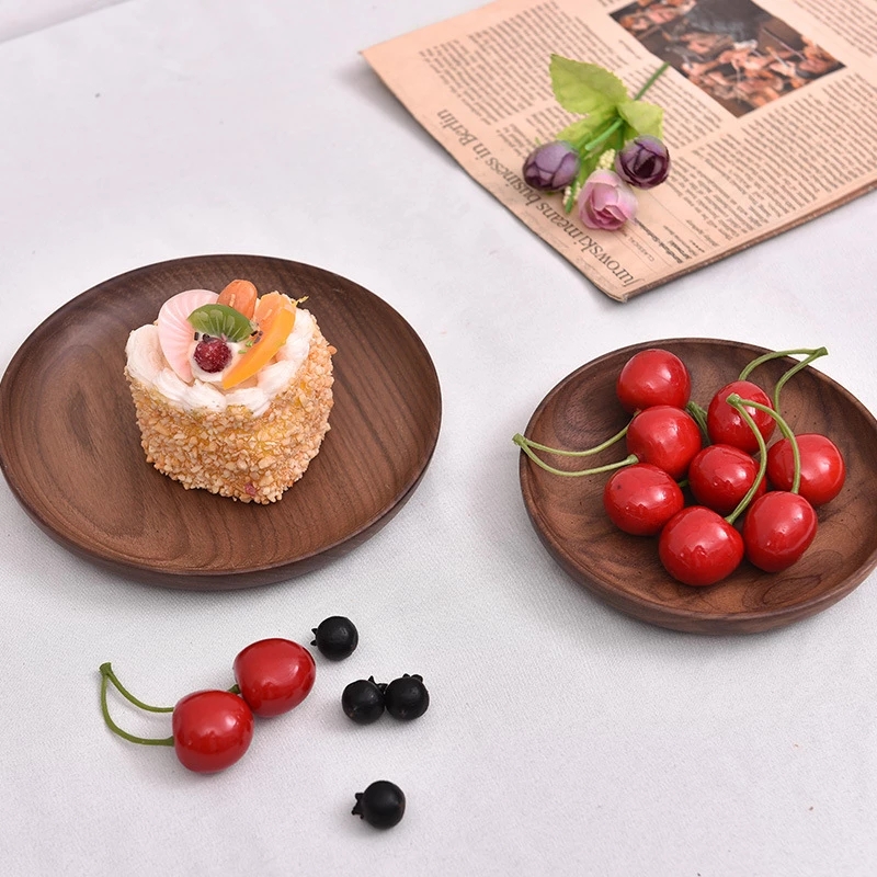 Assiettes rondes en noyer noir, vaisselle en bois, pour dîner, Dessert, thé, stockage des aliments