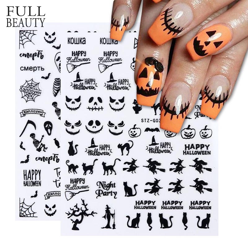 Halloween negler svarte klistremerker nail art dekaler edderkopp spøkelse gresskar kult skummelt skyveomslag negledekor manikyr chstzg 032-040