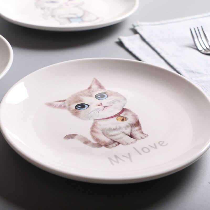 Assiette dessin animé motif chat assiette en céramique 8 pouces plat blanc impression plaque moderne maison vaisselle bonbons plateau hambourg assiette