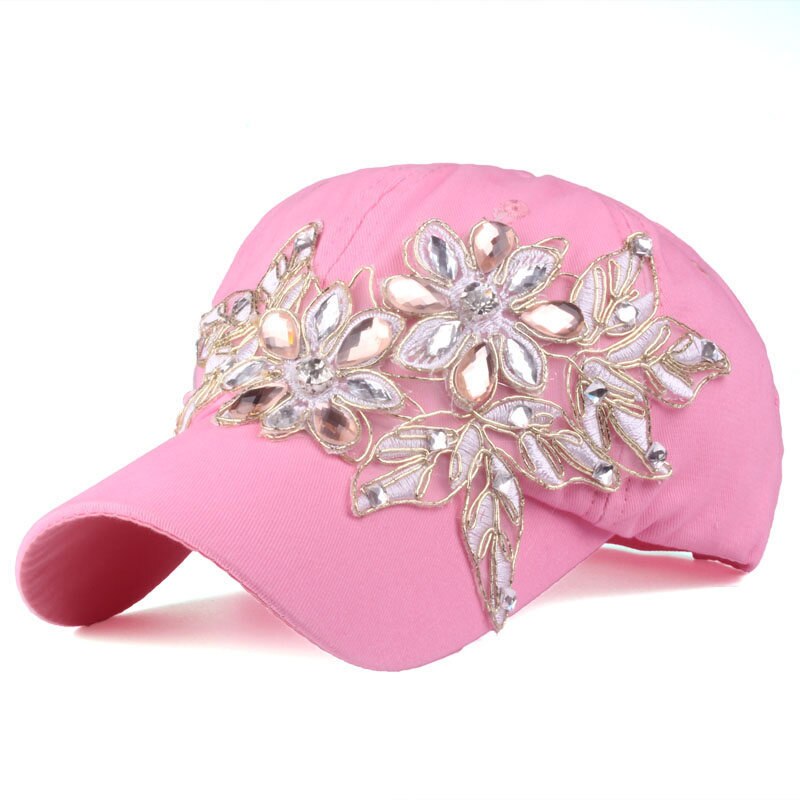 Chapeau de baseball femmes dentelle cristal coloré | Chapeau à coudre, feuilles, strass, chapeau de , ajustable, chapeau brillant: Rose