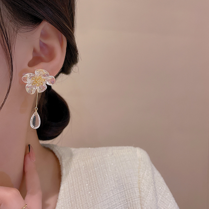 Korean Acrylic Flower Earrings For Women Long Tassel Transparent Crystal Earring Jewelry Wedding