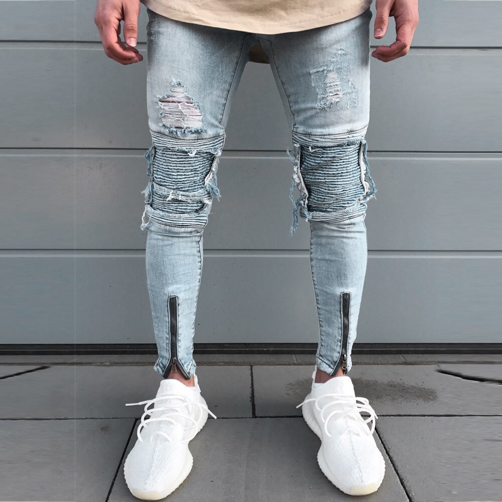 Män snygga slitna jeans byxor biker smal smal rak sliten denim byxor märke skinny jeans herrkläder