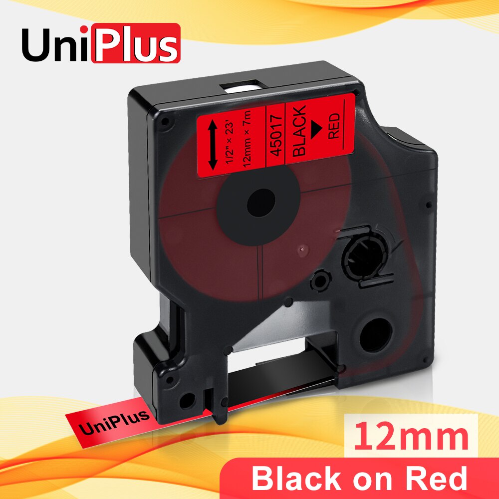 Uniplus 45017 sort på rød etiketbånd erstatning til dymo  d1 labelforfatter printer  lm450 lm160 pnp 12mm*7m labelmaker sticker