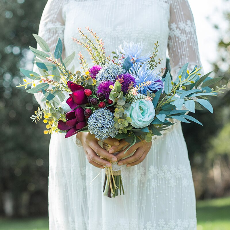 JaneVini Wedding Boeket Handgemaakte Zijden Rozen Hortensia Paars Blauw Bloemen Bridal Hold Boeket Bruiloft Accessoires