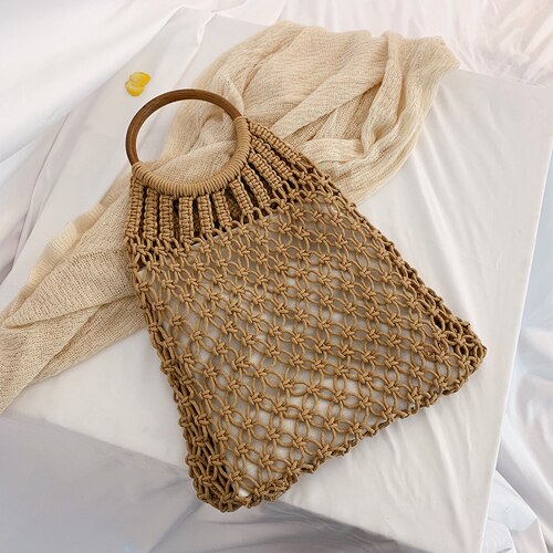 Vintage handtassen met houten handvat voor dames, rieten geweven holle damestassen, grote tassen, casual zomer strandtas, grote reistas: Bruin