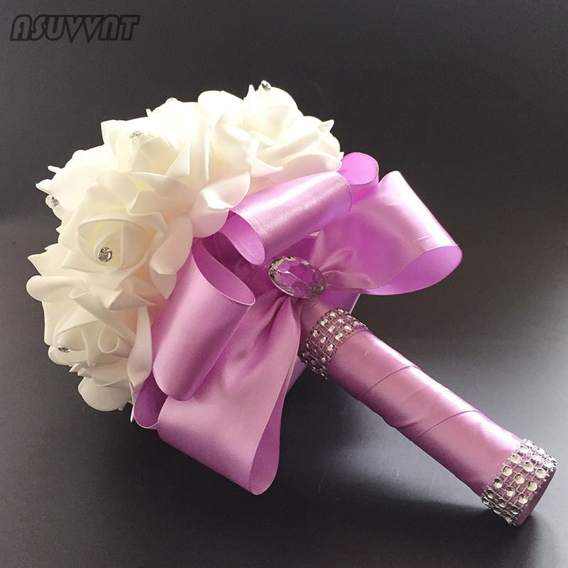 Edle Braut Strauß Braidmaid Hochzeit Schaum Blumen Rose Strauß Band Kristall Hochzeit Strauß Mädchen Braut Hochzeit Zubehör: hell Violett