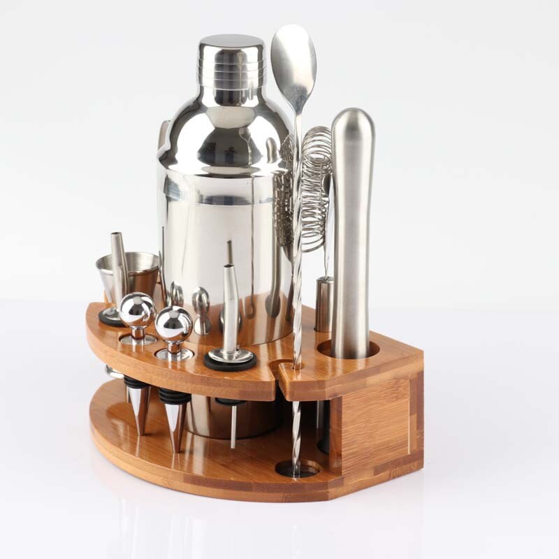 Stainless Steel Cocktail Set Bar Bartending Tool Barware Set Shaker Set with Wooden Rack 12 Piece Set Whiskey Decanter Sake Set