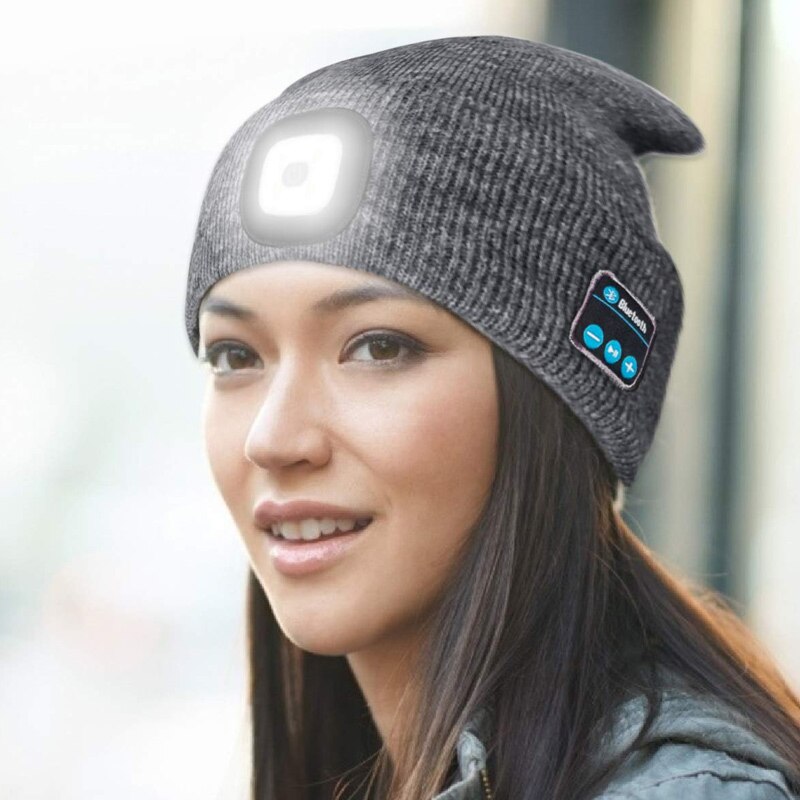 Sombrero de punto abrigado con Bluetooth, gorro con música, Auriculares deportivos estéreo inalámbricos, luz LED, para acampar, senderismo, pesca y montar