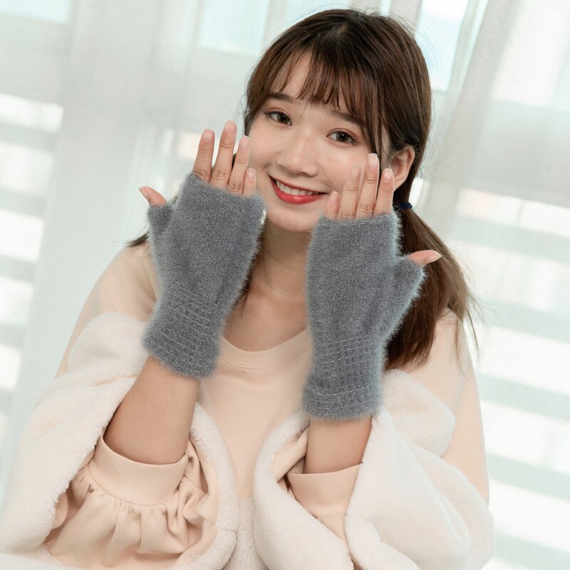 Lovely Female Winter Knit Wool Thicker Cashmere Velvet Warm Black Fingerless Mittens Cute Women Half Finger Gloves Guantes B31: Gray