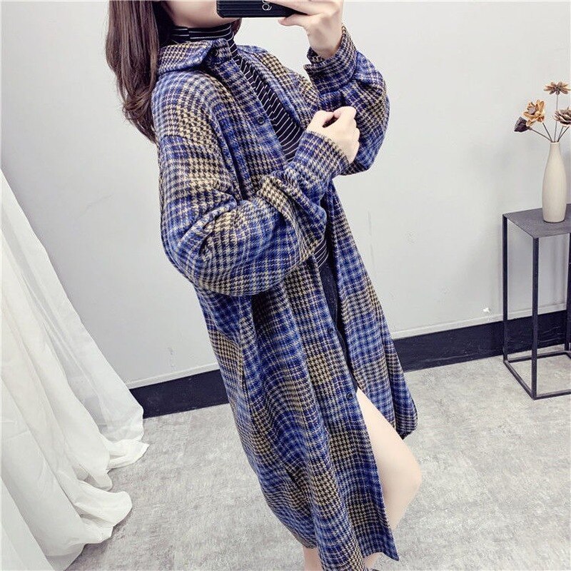 Trenchcoat kvinder efterår turn-down krave plus størrelse 3xl løs plaid chic kausal daglig streetwear lange frakker dame bf