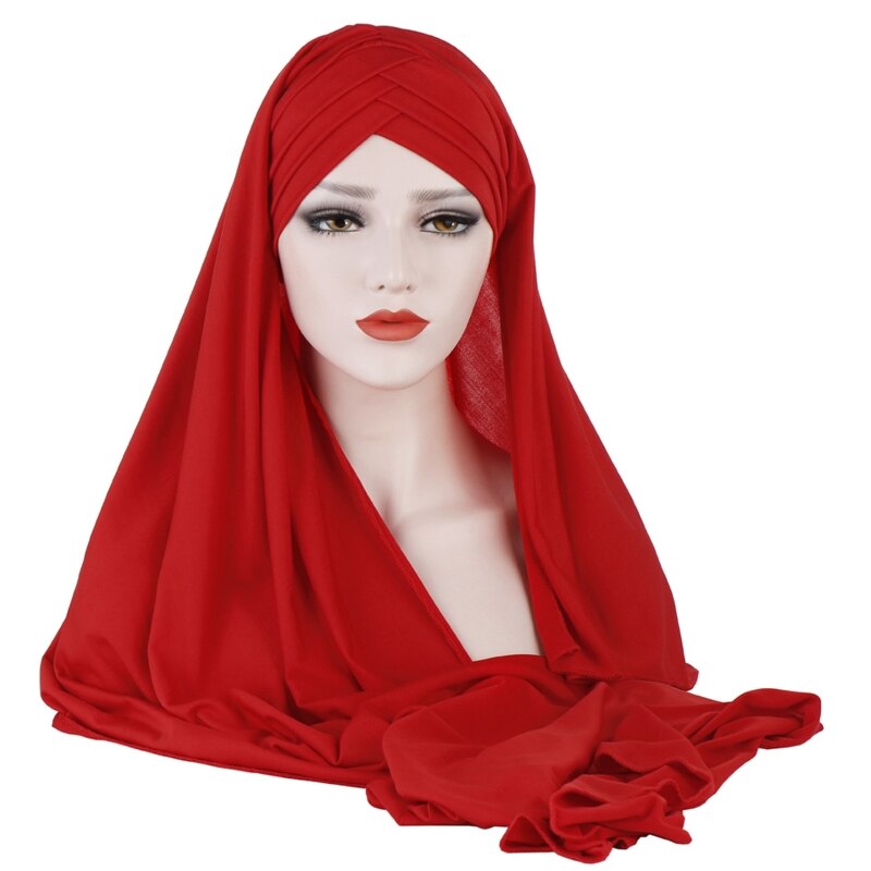 Vrouwen Melk Filer Effen Kleur 2 In 1 Tulband Hoed Instant Sjaal Maleisië Moslim Arabische Cross Plisse Hijab Cap Hoofd wrap Cover Islami