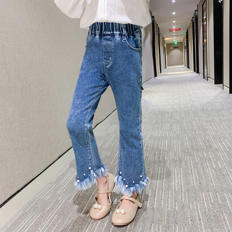 Printemps adolescente solide Jean botte coupe perle décoration Jean pour filles décontracté enfants pantalons enfants automne vêtements 4 6 9 12 14 ans