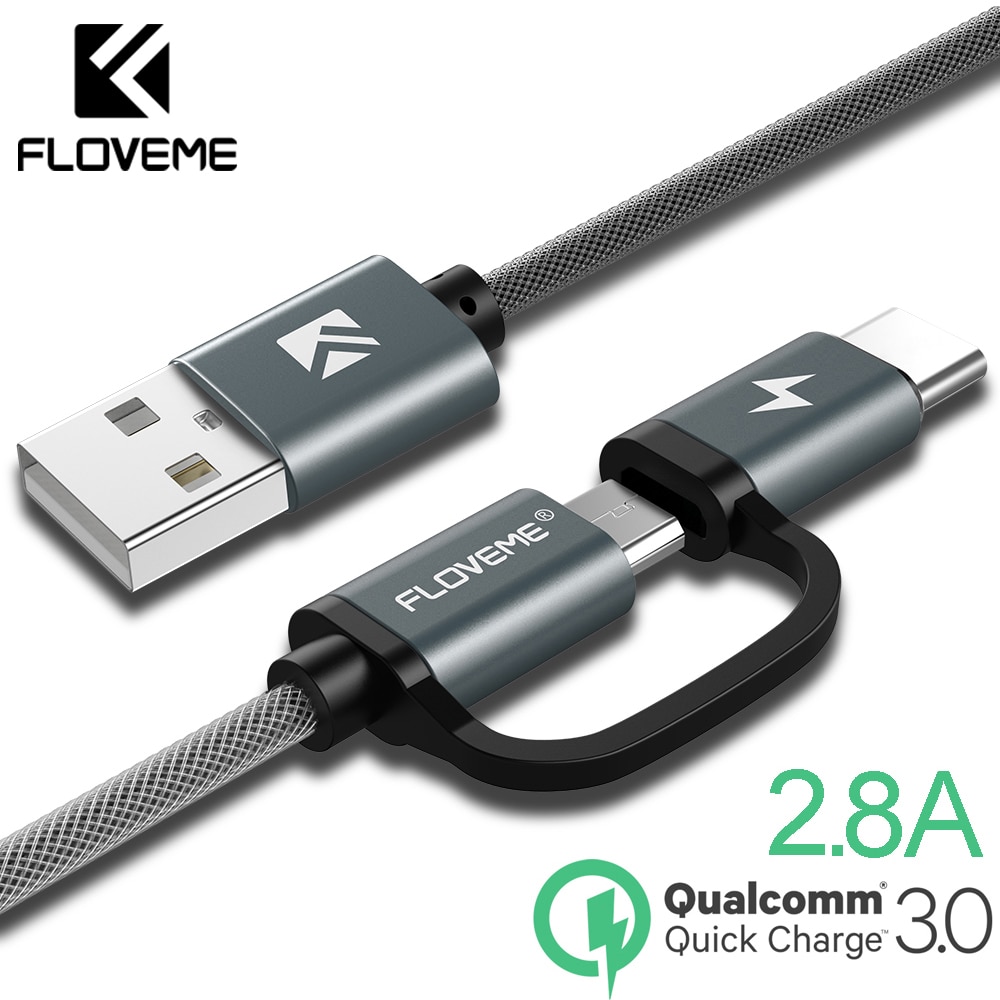 FLOVEME QC3.0 2.8A Micro USB Cable Fast Charger Charging USB Type C Cable 2in1 Type-C Cable for Samsung Xiaomi Oneplus Huawei P9