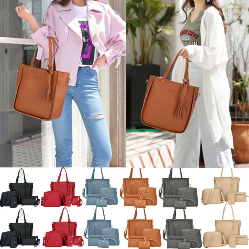 4Pcs Set Women Lychee Pattern Mother-child Four-piece Handbag Messenger Bag Wild Mini Bucket Tassel Single Shoulder