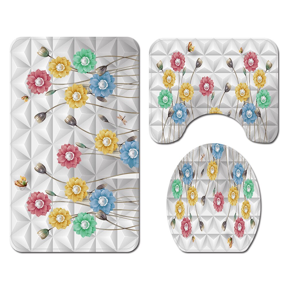 Floral Bathroom Carpet Shower Room Toilet Floor Mat Toilet Seat Cover Mat Bathroom Non-Slip Carpet Mat Set with Shower Curtain: Bath Mats-727