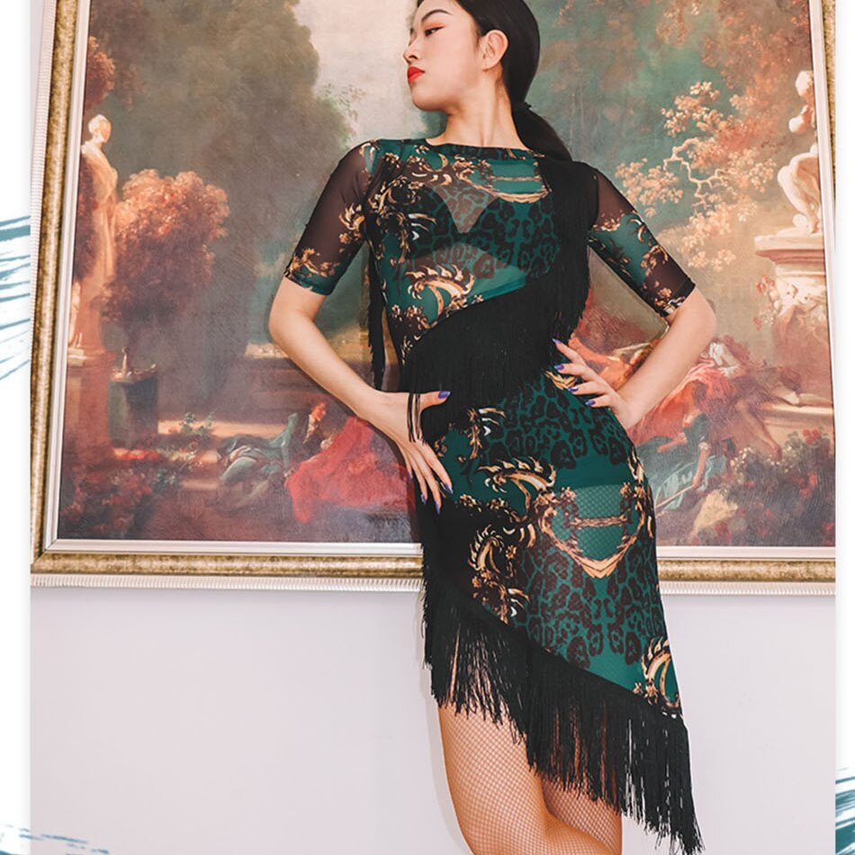 Short Sleeve Tassel Floral Latin Dance Dress Dancing Performance Women Dress Ballroom Samba Tango WL509