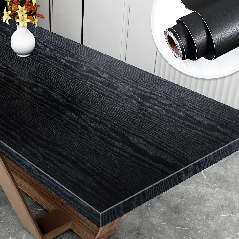 Trækorn spisebord tapet selvklæbende vandtæt vinyl garderobeskab skab bordplade renovering klistermærke værelse dekoration: Sort tykt træ / 30cm x 5m