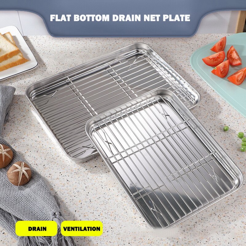 Stainless Steel Baking Sheet Cookie Pan With Cooling Rack Metal Bakery Quarter Sheet Pan Nonstick Jelly Roll Pan For Oven#