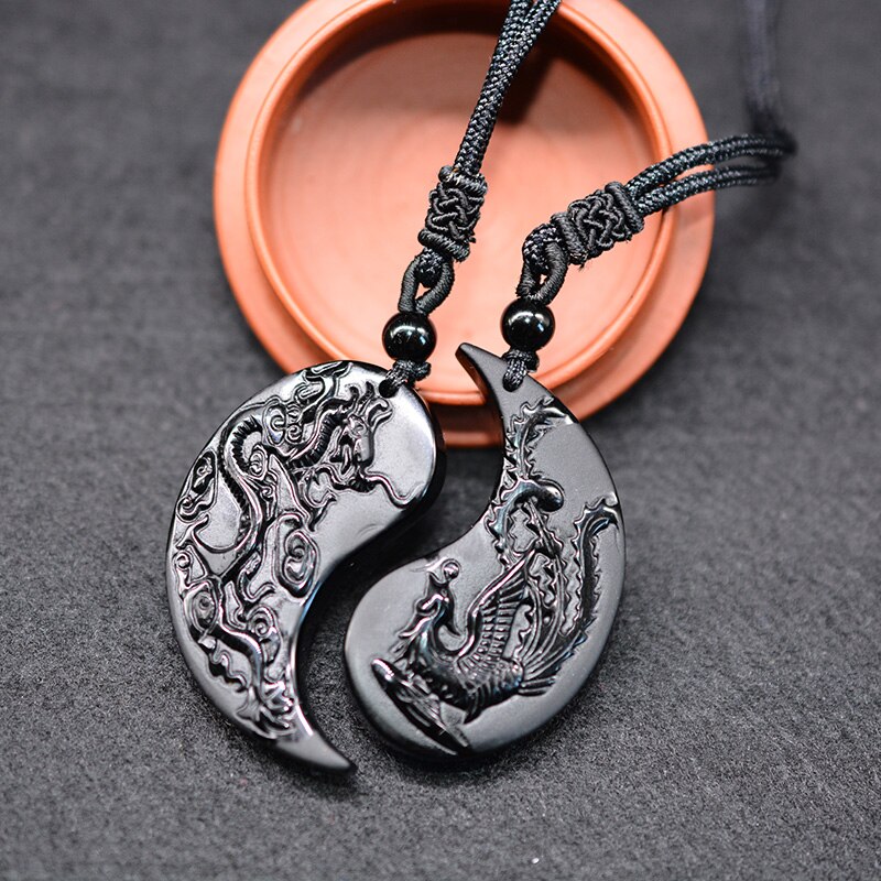 2Pcs Obsidiaan Carving Taichi Draak En Phoenix Hanger Ketting Voor Vrouwen Mannen Retro Lucky Amulet Paar Statement Sieraden