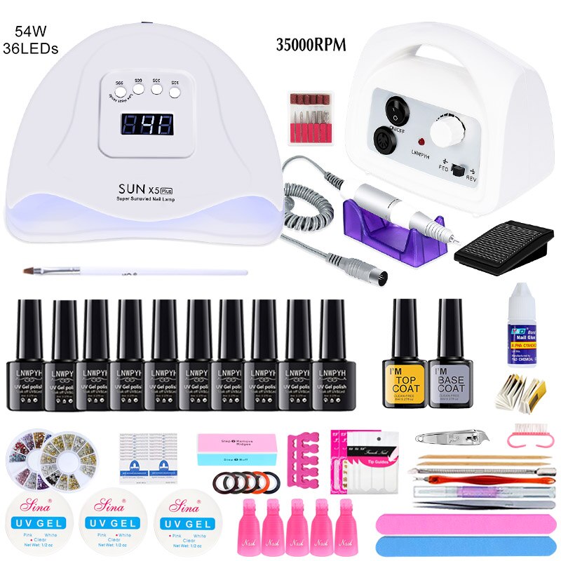 Manicure Set and Electric Nail Drill Machine with 114W UV Led Nail Lamp Drying Nail Set 30/20/18/10 Colors UV Nail Polish Kit: 54w 10 colors white