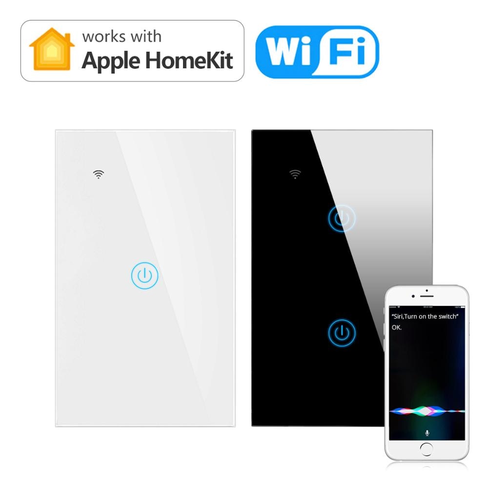 Apple HomeKit-interruptor inteligente de Sensor táctil LED, inalámbrico, WiFi, AC100V-240V, Blanco/NEGRO, 1 gang/2 gang Need Neutral Line, estándar de EE. UU.