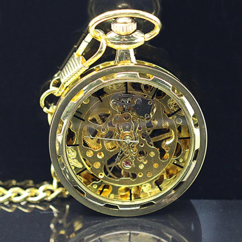 Unisex Luxury Silver Skeleton Mechacnical Hand-winding Mens Pocket Watch with Chain Smooth Steel Women Unisex Pocket Watch