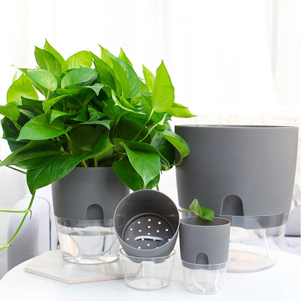 Maceta de agua de plástico de 2 niveles redonda de resina con autorriego hidropónico maceta para plantas hogar Oficina jardín decoración tiesto redondo