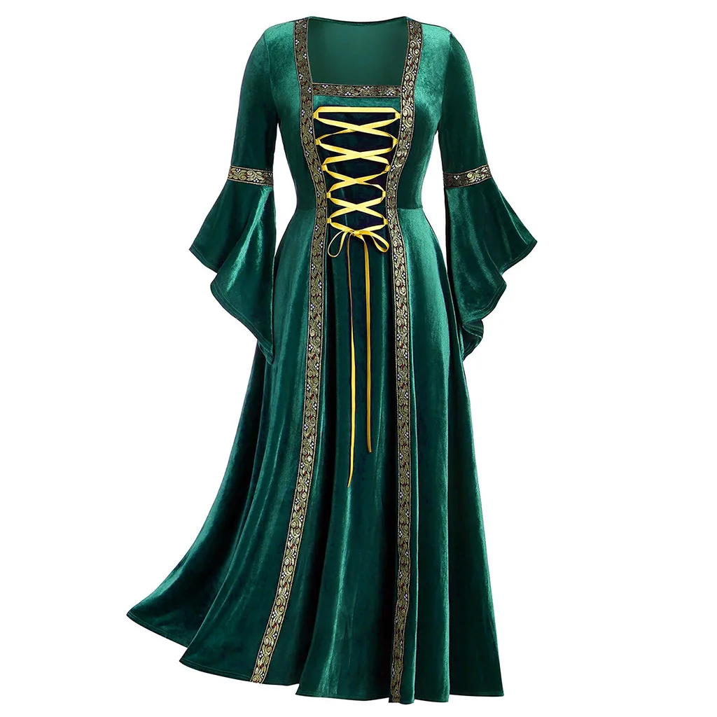Robe Longue à Manches Longues pour Femmes, Style Pertanianval Giavegant, Cosplay, Robe Gothique d'Halloween à Bands, Kostüm: S / Brown