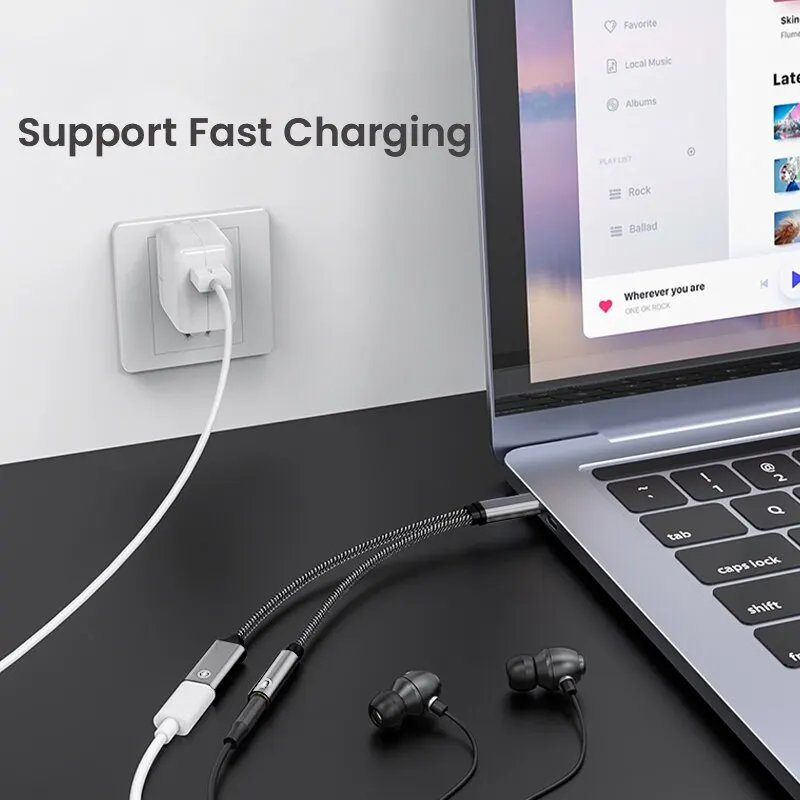 NIERBO Adaptador USB C 2 en 1, auriculares y cargador de 3,5 mm, USB C PD 3.0, conector de audio auxiliar, cable de carga rápida