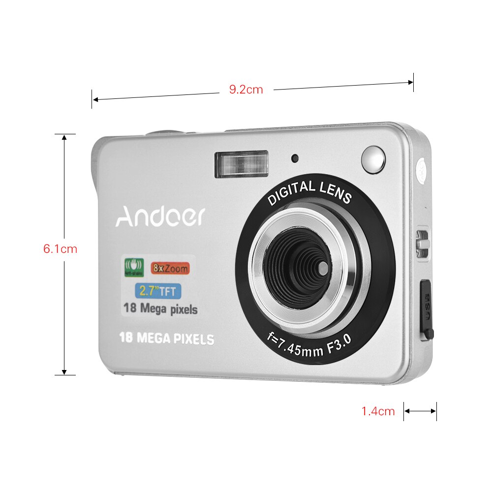 Andoer 18M HD Digital Camera 720P Video Camcorder 8X Digital Zoom Anti-shake 2.7inch LCD Video Camera with Rechargeable Battery: Silver / With 16GB TF Card