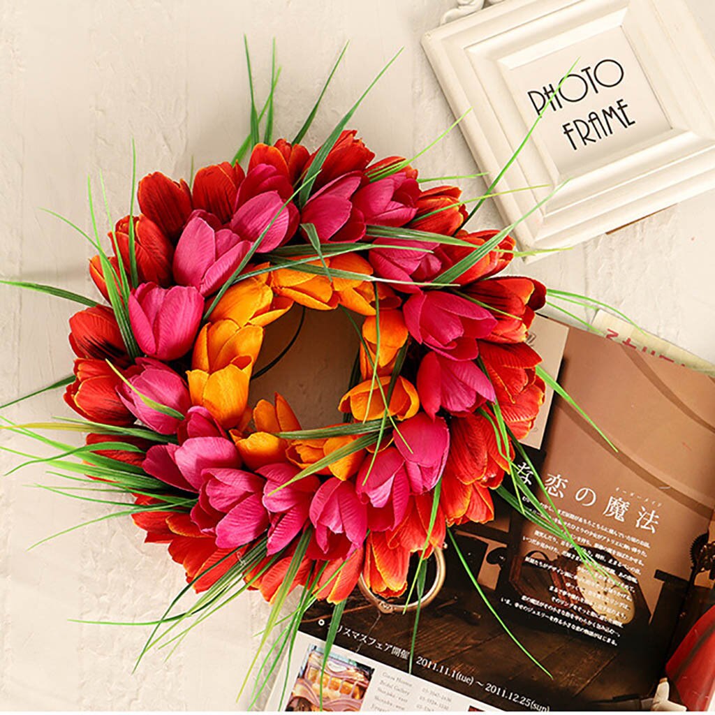 Summer Artificial Tulip Front Door Wreath with Leaves Front Door Wall Decor