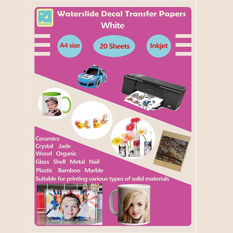 20 Sheets A4 White Color Inkjet Water Slide Decal Tranfer Paper DIY Sheets White High Resolution DIY Cup