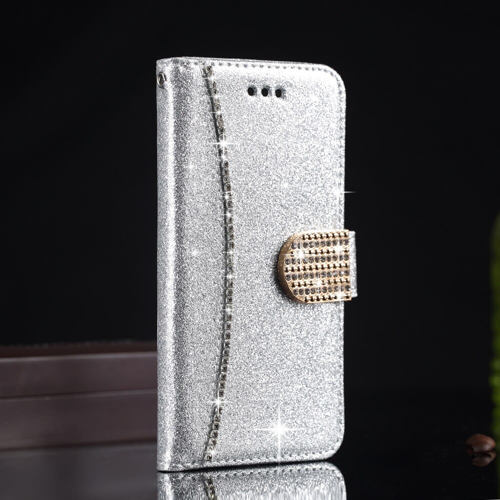 Funda para teléfono tipo billetera de cuero con tapa brillante L-FADNUT para iPhone Xr X Xs 11 Pro Max magnética 6 6S 7 8 5 5S SE cubierta de parachoques: For iPhone 5S / Silver