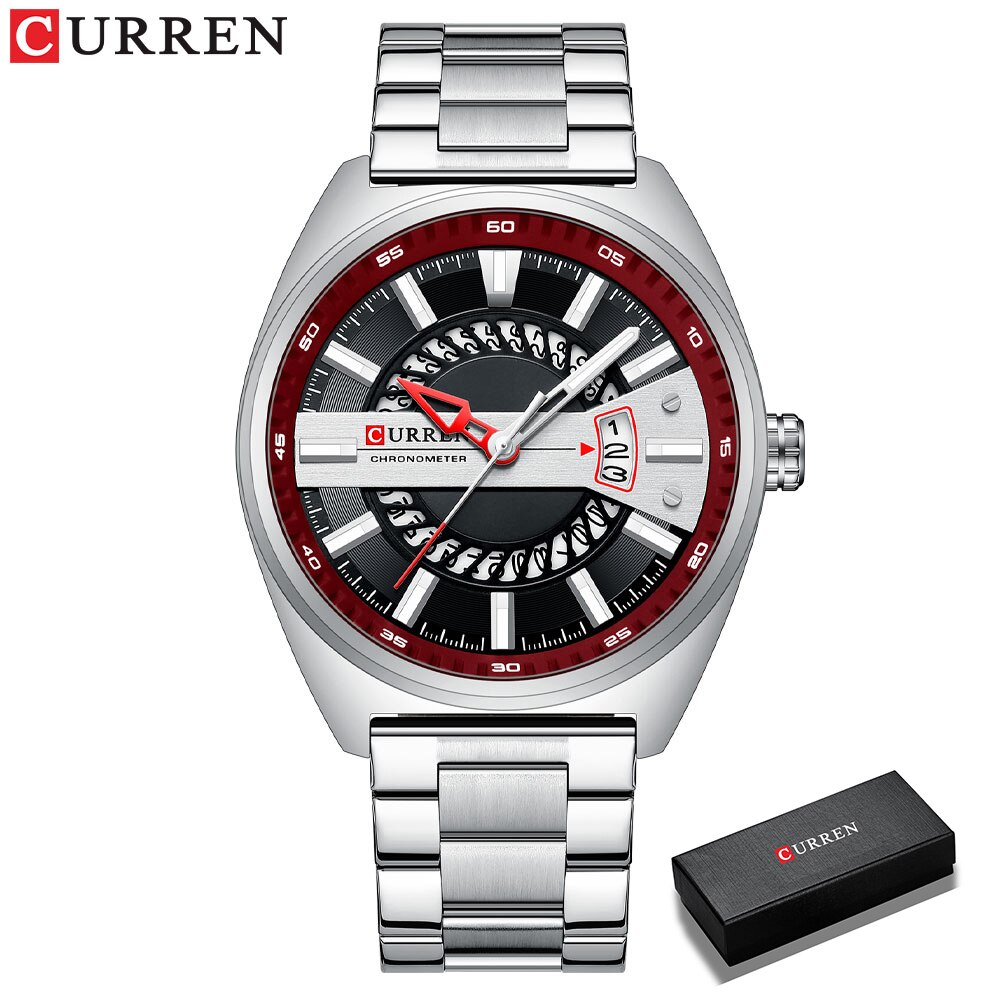 Curren Casual Sport Chronograph Horloges Roestvrij Stalen Band Horloge Grote Wijzerplaat Quartz Klok Met Lichtgevende Pointers: silver-box